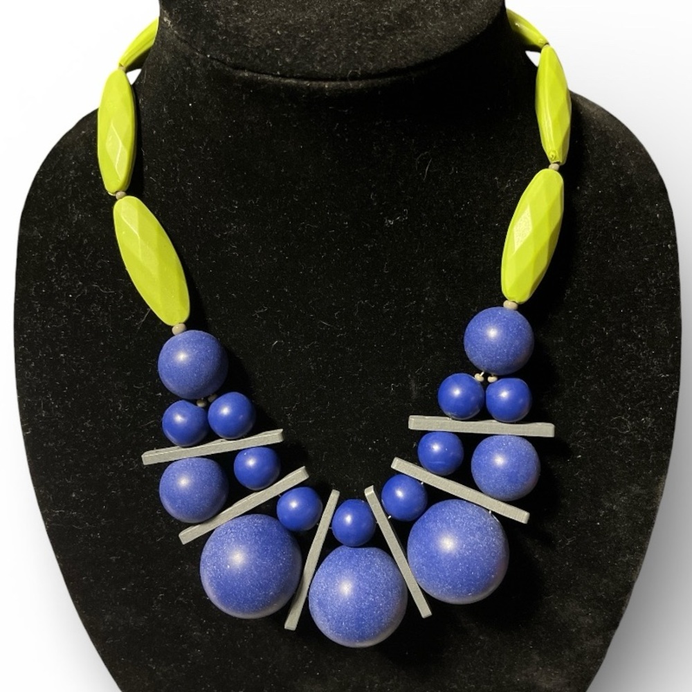 David Aubrey Vtg Necklace Blue & Lime Beads Geometric Jennifer Arago Design